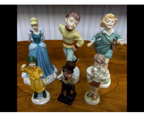 Six Porcelain Figures, to include Royal Doulton Disney 'Cinderella' with box, Royal Doulton Sam Weller, Royal Worcester 'Thre