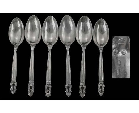 Georg Jensen Denmark Set of Six Large Sterling Silver Desert Spoons, All Spoons with Georg Jensen Stamp, Denmark, Sterling. c