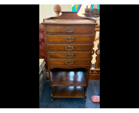 Early 20th Century Mahogany Sheet Music Tall Ball - with Gallery Top., 5 Drawers and 2 Shelves, tapered form. Approx 42" high
