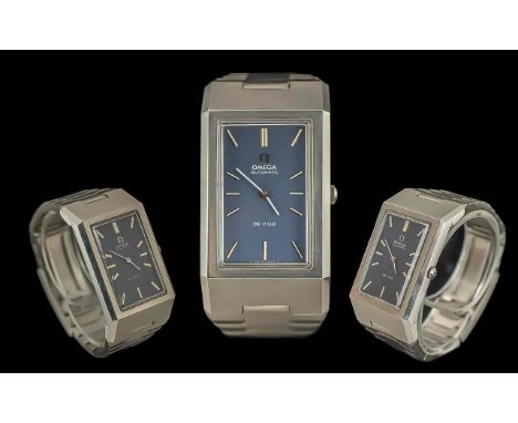 Omega - Deville Gents Stainless Steel Heavy Automatic Wrist Watch. c.1970's. Features Tank Shape, Blue Dial, Silver Markers, 