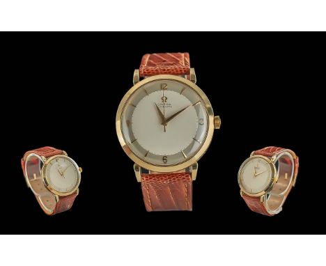 Omega Vintage Gents 9ct Gold Cased Automatic Wrist Watch with Original Leather Omega Watch Strap, Marked 9.375 to Case, Pearl