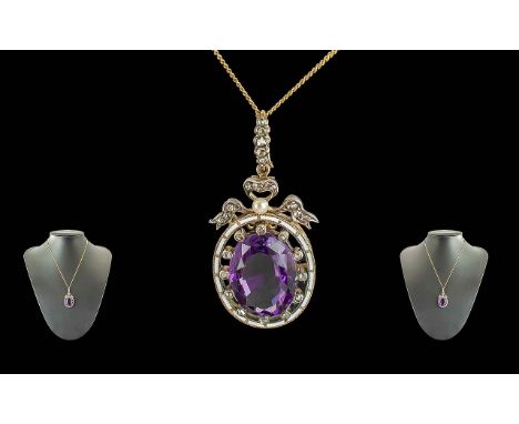 Antique Period - Quality Ladies 12ct Gold White Enamel Diamond, Pearl & Amethyst Set Pendant. c.1870's. With Attached 9ct Gol