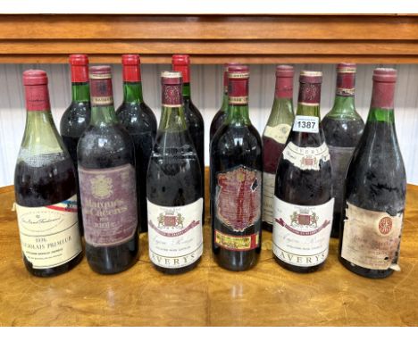12 Bottles of Red Wine, including Avery, Bordeaux, Beaujolais, Rioja, some with rubbed or missing labels. 