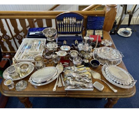 A Large Good Collection Of Silver Plated Ware - To include cutlery, cake dishes, tea &amp; coffee set, cake stand, tureen etc
