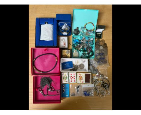 Collection of Costume Jewellery, Vintage Deck of Miniature Cards, Pewter Whisky Flask with Box et. 