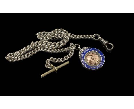 Sterling Silver Albert Watch Chain with Attached Sterling Silver &amp; Gold Football Medal - Dated 1933. All Links Marked for