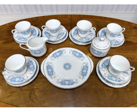 Aynsley 'Moonlight Rose' Tea Set, comprising six tea cups, six saucers, six side plates, a large bread and butter plate, a mi