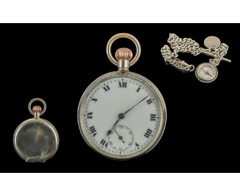 Sterling Silver Keyless Open Faced Pocket Watch Attached to a Sterling SIlver Watch Chain with T-Bar, Small Silver Compass, U