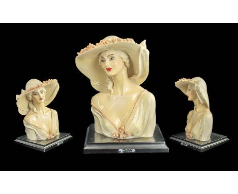 Vittorio Tessaro Hand Painted Sculpture Bust Of A 1930's Elegant Female With Low Neck Dress And Large Stylish Fashion Hat The