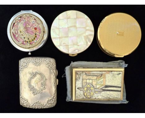 Good Collection of Compacts & Silver Plate Heavily Embossed Cigarette Case, Compacts Includes a Musical Clover Compact. 