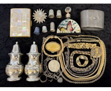 Mixed Bag of Silver Plated Ware, Gold Tone Jewellery, Coins, Silver, Pill Boxes, Miniature Violin etc. Please See Photos. 