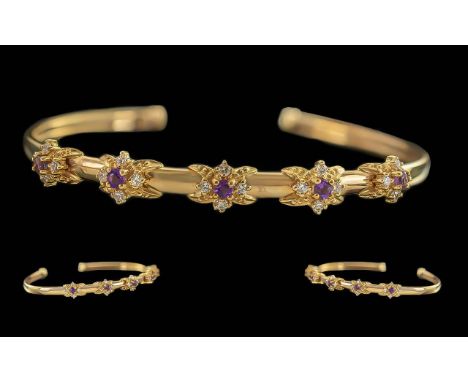 The Flowers of Love Ladies Fine 9ct Gold Curb Bangle Marked 9ct Delicately Set With Five Flowering Violets Each Hand Set With