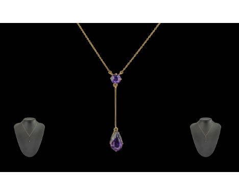 Ladies Fine 9ct Gold 1920's Amethyst Set Chain with Drop, marked 9ct, excellent condition. Length 18" - 45 cm.  Weight 2.8 gr