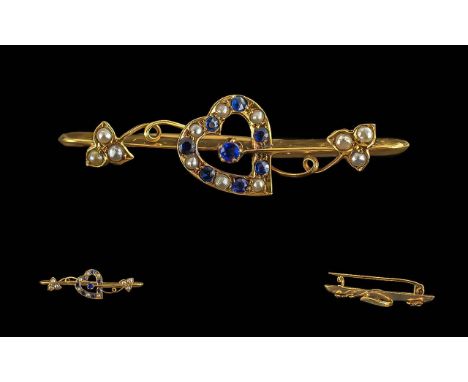 Edwardian Period 1902 - 1910 Ladies 9ct Gold Sapphire and Pearl Set Sweetheart Brooch, Heart to Centre with Arrow through, Fu