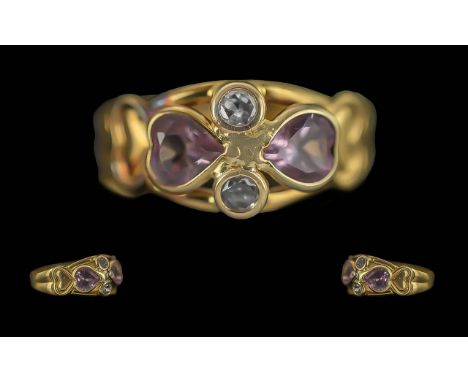 Ladies Pleasing 18ct Gold Amethyst And Peridot Ring - Marked 750 To Shank. Amethyst and Peridots of Pale Colour. Ring Size (M