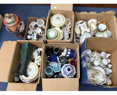 Six Boxes Of Pottery - Large collection to include tureens, Noritake, Royal Doulton, Royal Albert, Carnival Glass, Masons War