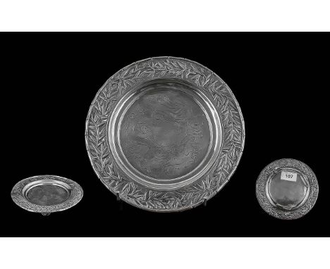 Chinese 19th Century Small Silver Footed Circular Salver Tray, Decorated to Centre with Image of a Large 4 Claw Dragon Amongs