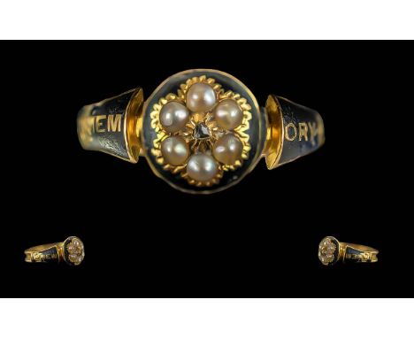 Antique Period 18ct Gold Mourning Ring Set with Pearls, Diamond and Black Enamel, With Words ' In Memory of You ' to Shoulder