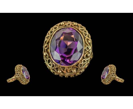 Ladies - Impressive and Heavy 18ct Gold Single Stone Amethyst Set Ring, Marked 18ct to Interior of Shank. The Large Faceted A