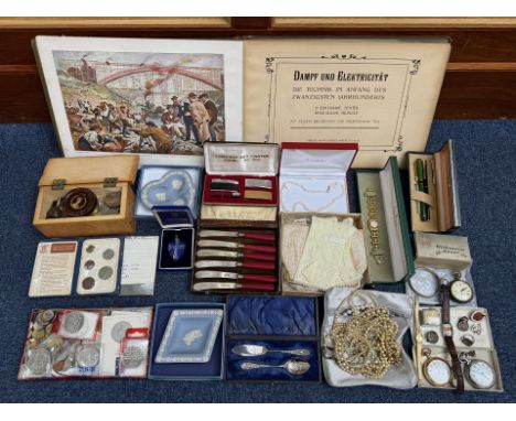 Box Of Misc, To Include a Gucci Wristwatch, Sheaffer Fountain Pen, Coins, Bead Work Purse, Boxed Lighter Set, Hardback Book "