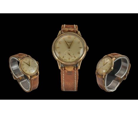 Longines Gents 9ct Gold Cased Mechanical Wrist Watch - Circa 1950's. Features Gold Markers/Numbers. Subsidiary Dial. With Lon