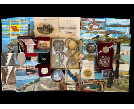 Bag of Mixed Collectables, Includes Silver & Costume Jewellery, Watches, Coins, Oriental Silver Plate Mirror In box etc.  