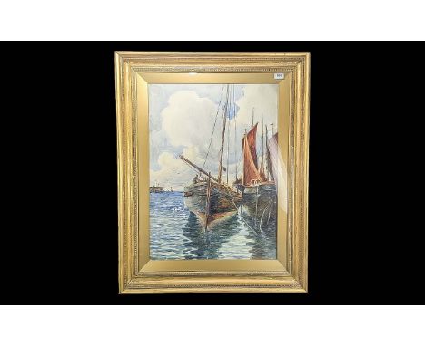 Large Early 20th Century Watercolour by B Mcmaster, depicts two fishing boats coming in to harbour, one named 'Edith Peel'.  
