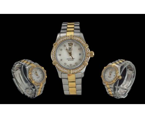TAG Heuer Ladies ' Aquaracer ' 18ct Gold and Diamond Set Quartz Stainless Steel Wrist Watch, Ref No WAF-1450. The Pearl Colou