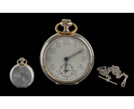 Early 20th Century Sterling Silver Cased Open Faced - Keyless Pocket Watch and Sterling Silver Albert Watch Chain with T-Bar.