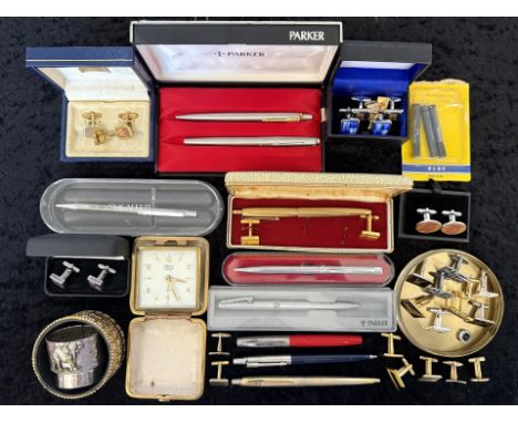 A Box Containing a Collection of Pens & Cufflinks, including boxed Sheaffer and Parker, and a quantity of gentlemen's cufflin