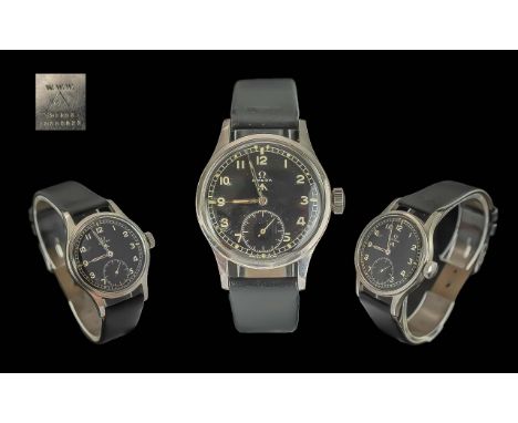 Omega Military WW2 Mechanical Steel Cased Wrist Watch Features A Black Dial Luminous Numbers. Letters and Numbers to Back Cov
