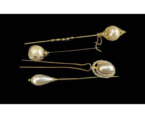 Collection of ( 4 ) Antique Large Hat Pins, Various Designs - Please See Photo.