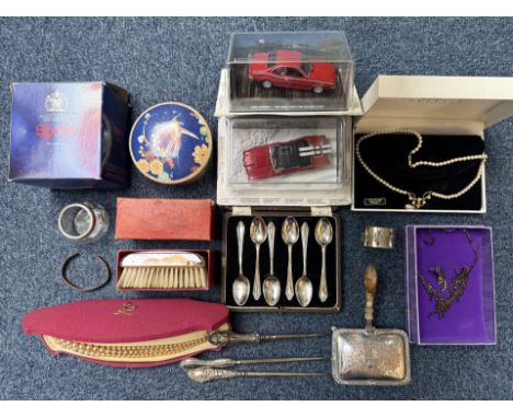Box of Collectables. Includes Silver Plate Boxed ( 6 ) Spoons, James Bond Cars ' Mercury Cougar & AMC Horner, Silver Plated &