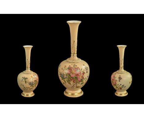 Royal Worcester Blush Ivory Hand Painted Globular Shaped Specimen Vase.  Decorated with painted images of spring flowers on i