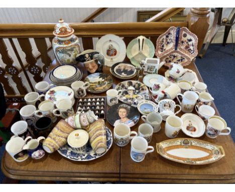 Two Boxes Of Mixed Pottery - To include large lidded ginger jar, Royal commemerative items, part dinner set, character jug et
