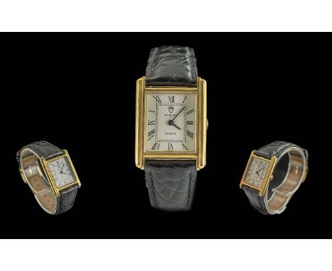 Tudor Geneve Gold On Steel Manual Wind Tank Wrist Watch - Circa 1980's. Features Roman Dial, Manual Winding. Watch No D78001.