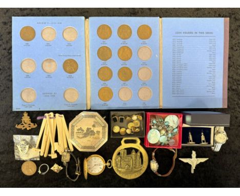 Bag of Mixed Collectables. Includes Costume Jewellery, Cap Badges, Watches, Silver Hexagonal Box etc, Interesting lot. 