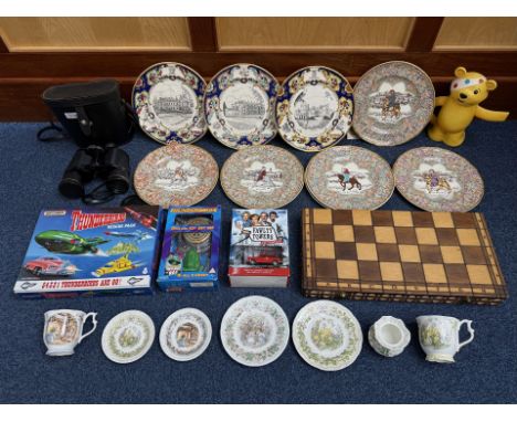 Box Of Misc Items, To Include A Royal Doulton Part Tea Set, Children In Need Limited Edition Teapot, Binoculars, Cabinet Plat