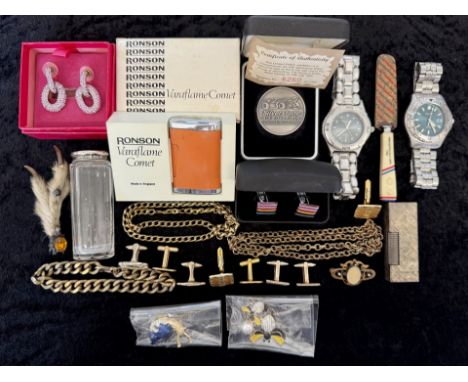 Bag of Mixed Collectables. Includes Costume Jewellery, Watches, Cufflinks, Silver Topped Tall Bottle, Dunhill Lighter, Ronson