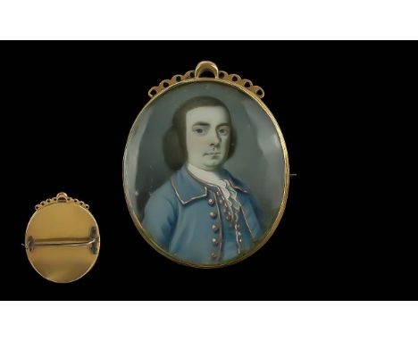 Georgian Period Pleasing Quality 18ct Gold Mounted Portrait Miniature - Brooch / Pendant of a Gentleman, Not Marked but Tests