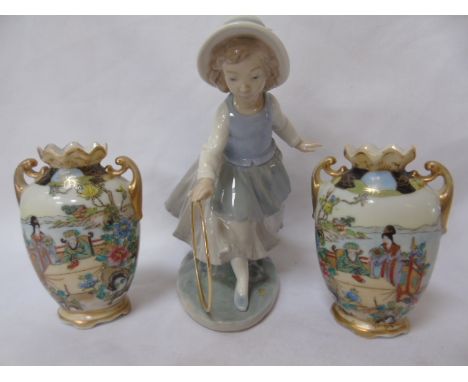 Nao figure of a girl playing hoop plus a pair of Noritake vases
