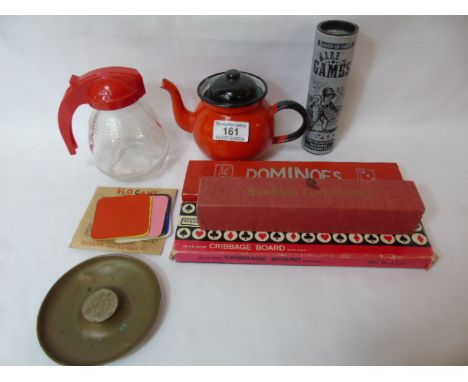 Interesting items to include dominos, red enamel teapot, collection of glass to include 3 vintage novelty seaside inkwells