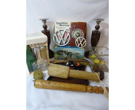 Interesting items to include 2 antique fishing reels, candlestick, crumb tray and brush etc