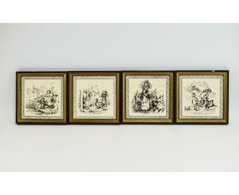 Minton And Hollins Victorian Tiles Set of four scarce Transferware framed tiles. Each with black geometric border print on cr