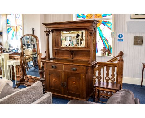 Oak Arts And Crafts Dresser/Hall Unit Large dresser with sinuous floral inlaid design. Central bevelled glass mirror with she