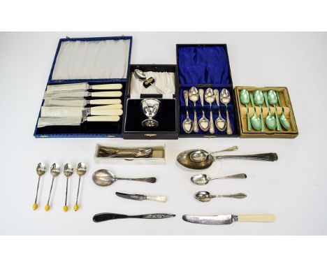 Small Collection of Silver Plated Ware comprising boxed egg cup and spoon set, four spoons with yellow trim, J Payne and Sons