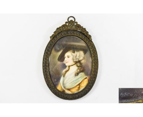 A 19th Century Signed Miniature Portrait on Ivory of Mrs Siddons, A Noted Drury Lane, Actress In 1755, Set within an Ornate M