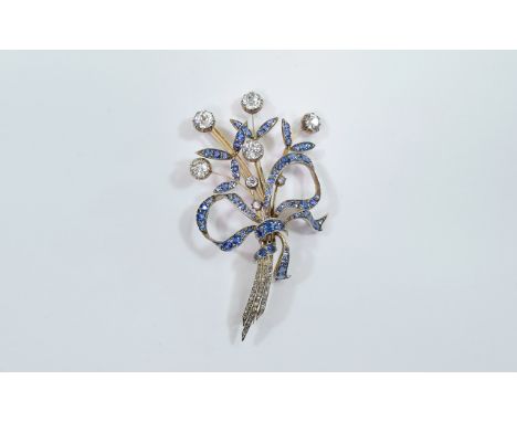 Antique - Fine Quality 18ct Gold Diamond and Sapphire Brooch, In The Form of a B of Flowers, Set with Five Large Cushion Cut 