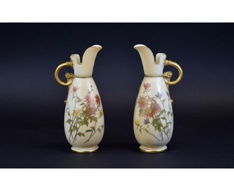 Royal Worcester - True Pair of Blush Ivory Hand Decorated Ewers / Jugs with Painted Spring Flowers Decoration, Gold Handles a