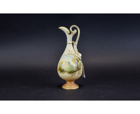 Royal Worcester Hand Painted Ewer / Jug ' Castle In a Landscape ' with Gold Painted Highlights, Signed Rushton. c.1909. Heigh